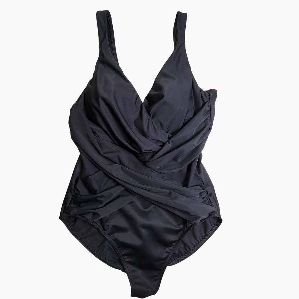 Miraclesuit Womens Sz16 Black Crossover One Piece Swimsuit Built In Bra Support